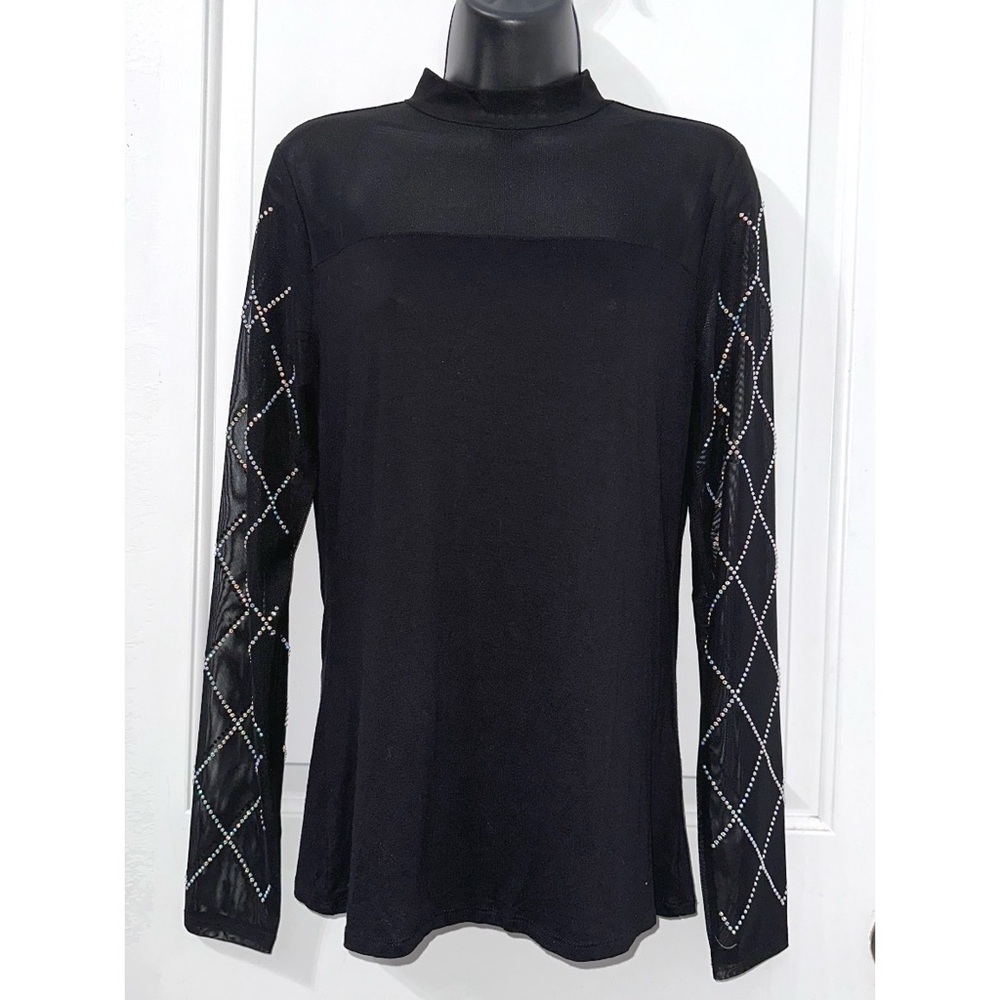 VENUS black long-sleeved top with rhinestone-studded mesh sleeves & neck